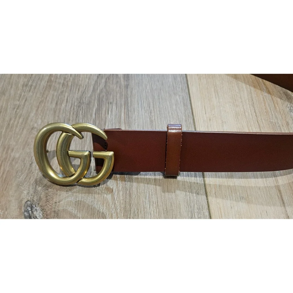 Gucci GG Marmont Brown Leather Belt Antique Gold Buckle 414516 Size 100 40